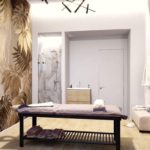 Продуманный 'дизайн-проект коммерческого помещения': SPA-кабинет с интегрированной душевой зоной, отделанной керамогранитом под мрамор, и акцентной стеной с тропическим панно.